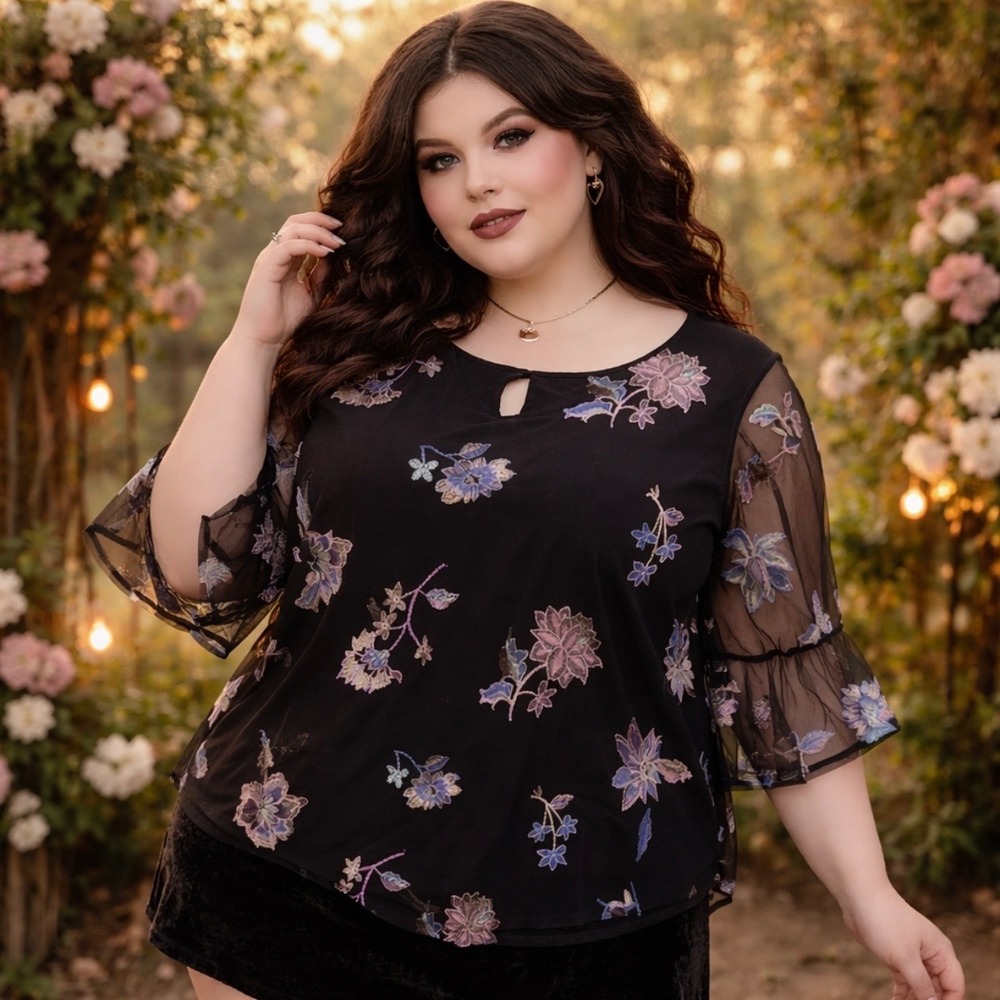 Catherines 2XWP Black Floral Embroidered Mesh Tiered Bell Sleeve Top Whimsigoth‎